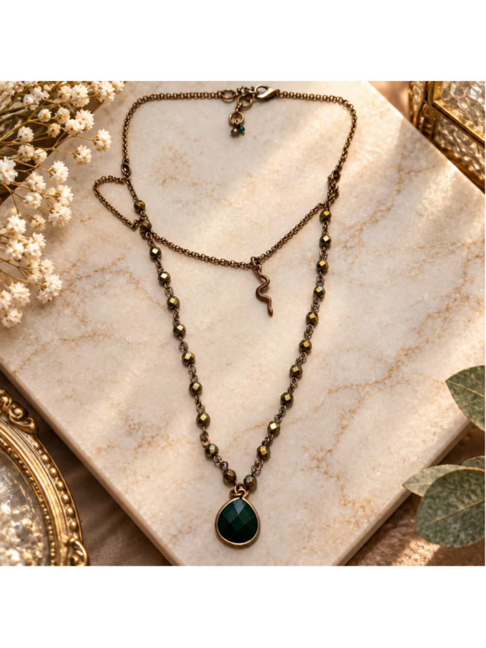 Women's Layered Snake Charm Necklace, Green and Gold